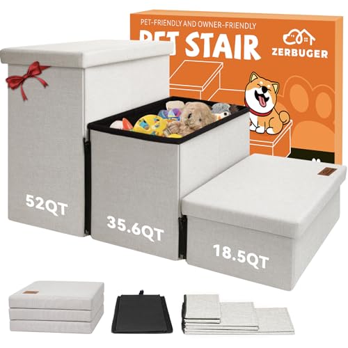 Image of Zerbuger Dog Stairs with Storage 18 inch H, 3-Step Wider Dog Steps for Small /Medium /Large Old Dogs Cats, Folding Sturdy Pet Stairs Climbing Bed or Couch, Ramp for Car Up to 200 lbs (Beige, No Condo)