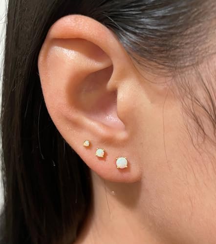 14K Yellow Gold Filled Sterling Silver 3/4/5/6MM Fire Opal Gemstone Stud Earring for Women Men, Color White - Blue - Pink - Green - Black2