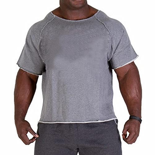 OPAGEE Men'S T-Shirts Men Cotton Casual T Shirts Fitness Men Bodybuilding Shirt Batwing Sleeve Rag Shirt Gym Wear Running T-Shirt Round Neck-Gray,L