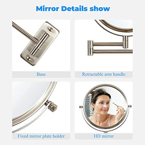 Mumianshu Makeup Mirror Wall Mounted, 1X/ 10X Magnifying Makeup Mirror, 8" Double Sided Make Up Mirror With 360 Degree Swivel Extendable Arm, Home Bathroom Shaving Vanity Mirror (Nickel) #TOP4
