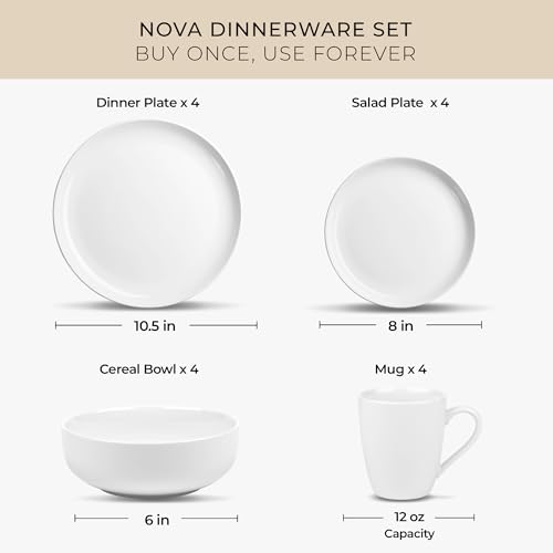 Image of Zulay Kitchen Nova Porcelain Dinnerware Set, Service For 4 - Chip & Scratch Resistant White Plates And Bowls Sets - Microwave & Dishwasher Safe - White