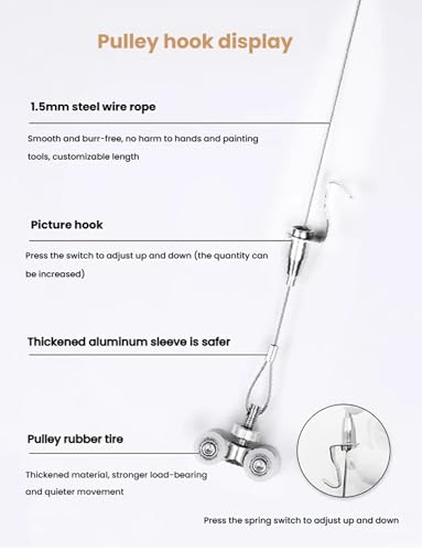 Image of Picture Rail Art Hanging Kit,Picture Rail Hooks & Installation Hardware,Ceiling Mount Photo Display Rail Track with 150cm Long Steel Cords(Milk,190cm /74.8in)
