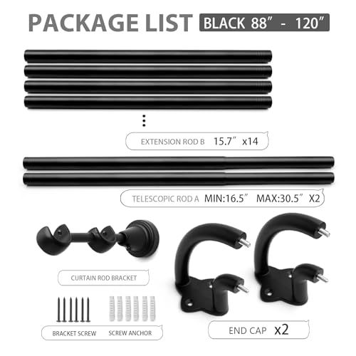 Double Curtain Rod Set, Wrap Around Blackout Drapery Rod for Room Darkening Panels, 88 to 120 Inches, Black by VKR - Image 7