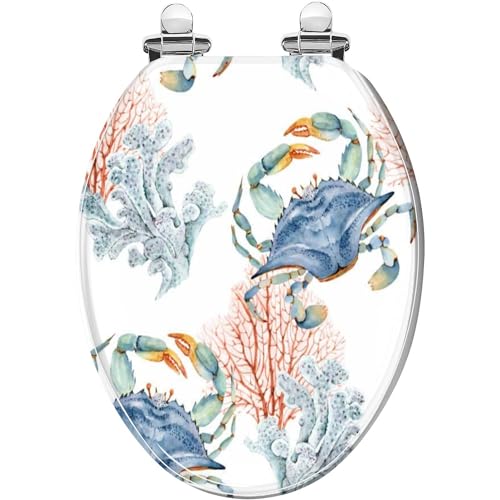 Elongated Toilet Seat sea blue crabs corals watercolor painted nautical style Resin Toilet Seat with Quietly Close Quick Release Hinges Decorative Toilet Seat with Cover Easy to Clean and Install