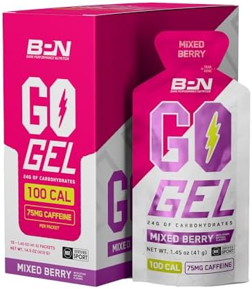BARE PERFORMANCE NUTRITION, BPN Go Gel Endurance, 24g of Carbohydrates & 100 Calories per Pack, Vegan + Gluten Free Running Gel, 10 Single-Serving Packs, Caffeinated Mixed Berry