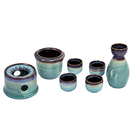 Mygift 7 Pc Sake Set With Warmer, Japanese Style Blue And Purple Ceramic Sake Serving Gift Set With 7.4 Oz Bottle Carafe, 4 Ochoko 1.7 Oz Cups And Warmer #TOP3