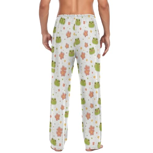 Men’s Kawaii Frog Pattern Pajama Pants with Pockets, Comfortable Lounge Sleep Bottoms#5802