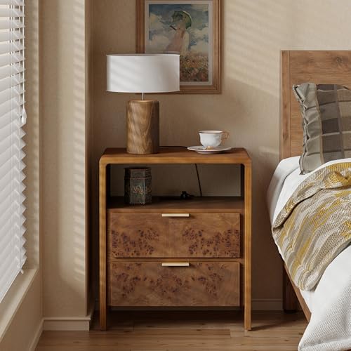 COZAYH Farmhouse Nightstand with Charging Station, Wood Side Table with Power Outlet and USB & Type C Ports, Burl Finish Bedside Table for Bedroom, Fully Assembled, Rustic, Brown