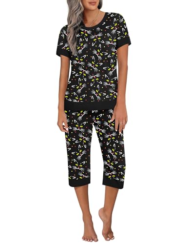 Ekouaer Women's Pajama Sets Short Sleeve Sleepwear Round Neck Pj Loungewear Top and Capri Pants with Pockets