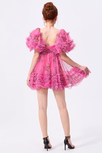 Short Puff Sleeves Homecoming Gowns for Teens 2024 Floral Print Multi-Layer Tulle A-Line Gathering Dress JP0044