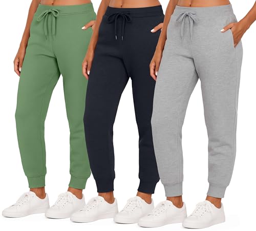 Real Essentials 3 Pack: Women's Ultra-Soft & Warm Fleece Joggers Sweatpants with Pocket (Available in Plus Size)