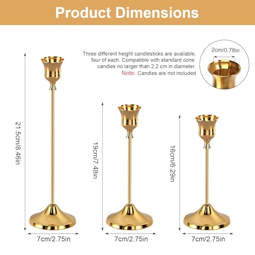 12 Pièces Bougeoir Doré, Bougeoirs Vintage Chandelier Bougeoir, 3 Hauteurs Bougeoirs Métal Chandeliers Coniques Bougeoir Doré pour Mariages Fêtes Dîners Décoration de Table – vue 2