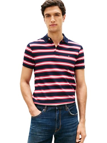 Image of Tommy Hilfiger Men's 1985 Slim Short Sleeve Polo, Desert Sky/Heritage Pink Multi Small