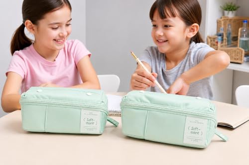 Image of WORSHIPER Multi-Functional Soft Pencil Case for Girls | Large Capacity Zipper Pouch with Multiple Compartments | Aesthetic Stationery Organizer for School, College & Office (Soft More Green)