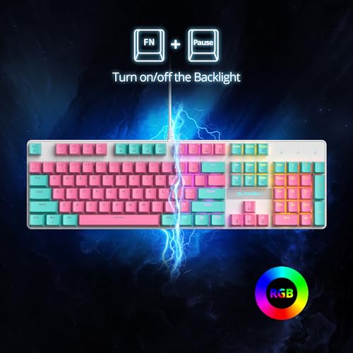 Image of surmen Full Size Pink Creamy Keyboard with Number Pad, 104 Keys RGB Wired Mechanical Gaming Keyboard Backlit with PBT Keycaps Linear Red Switch for Laptop Desktop PC Gamers(104 Miami)
