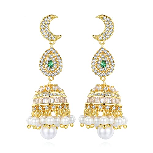 Boucles d'oreilles femme plaqué or pendantes avec perles et oxydes de zircone