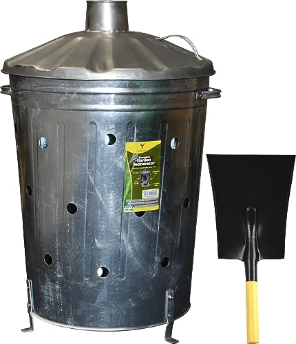 Image of Large Galvanised Steel Incinerator Fire Bin with Wooden Handle Shovel