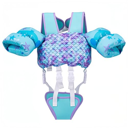Image of Proberos Kids Swim Vest Cartoon Print, Non-Inflatable Child Buoyancy Float Jacket with Adjustable Straps & Crotch Safety Strap, Lightweight Swimming Aid for Toddlers and Children Age 3-6-Blue