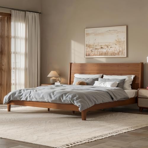 Image of Bellemave King Size Bamboo Bed Frame with Headboard,Bamboo Platform Bed Frame King Size with Tall Headboard and Wood Slats,Easy Assembly,Warm Brown