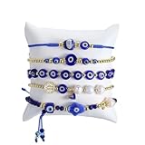 Feyukeu 18K Gold Plated Evil Eye Bracelet Set, 5-Piece Adjustable Stack Beaded Jewelry with Hamsa Hand & St Benedict, Freshwater Cultured Pearls, Spiritual Protection Gift for Women