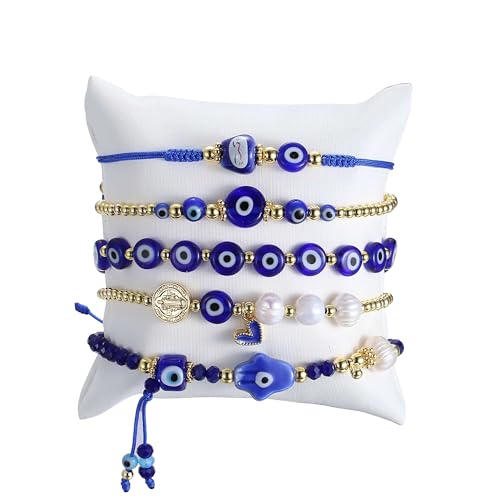 Feyukeu 18K Gold Plated Evil Eye Bracelet Set Adjustable Stack Beaded Jewelry with Hamsa Hand & St Benedict Freshwater Cultured Pearls Spiritual Protection Gift for Women