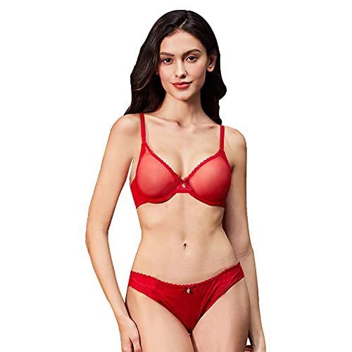 Varsbaby Mujer Ver-a través de Encaje Transparente Bra Everyday Conjuntos de lencería (ES:100B = EU:85B, Rojo Brillante) Cover