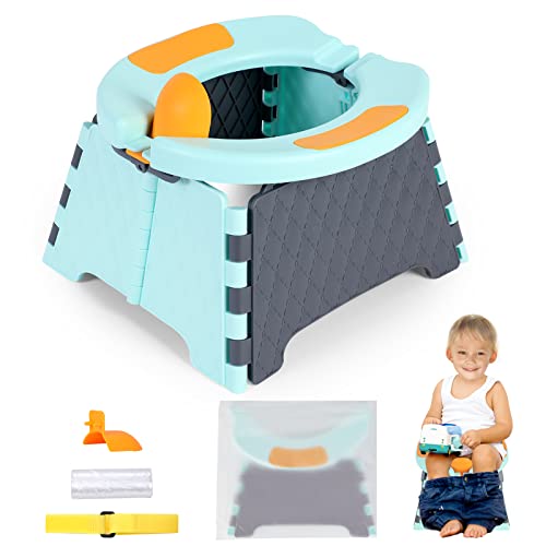 Potty Training Toilet Toddler Portable Potty Training Seat for Baby Kids Foldable Toilet Child Travel Potty in Car Camping Potty Chair Seat for Indoor Outdoor with Disposable Bags (Blue)