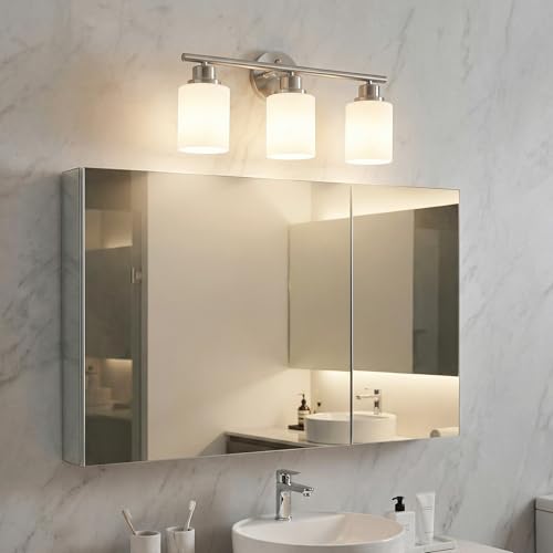 Image of Unicozin 3 Light Bathroom Light Fixtures, Modern Vanity Lights with Milky Glass Shade, Brushed Nickel Wall Lamp Over Mirror for Bathroom, Living Room, Cabinet, Bedroom, E26 Base