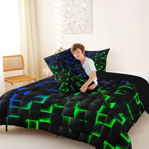 Image of Erosebridal Geometric Checkered Comforter Set Twin Neon Blue Green Bedding Set for Kids Boys Teen Gamer Room Decor,Abstract Ombre Plaid Comforter Grids Quilt Duvet Black