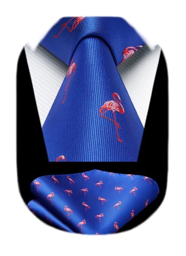 HISDERN Corbatas de Hombre azul con Motivo flamenco rojo Modernas Boda Corbata y Pañuelo Conjunto Elegante de Business Partido