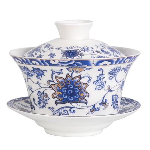 DZGUAI Chinese Gaiwan Tea Cup, Asian Traditional Porcelain Kungfu Handleless Tea Cup with Lid and Saucer 10Oz, China Classic Gaiwan (Blue Lotus)