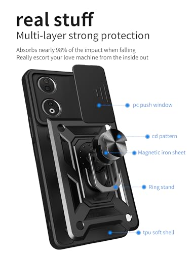 Image of Casodon Heavy Duty Back Case Cover for Honor X7B 5G, Shockproof Honor X7B Back Cover, Ring Case with Kickstand and Camera Protection Shutter - Black