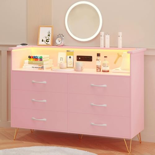 Image of Dresser for Bedroom with 6 Drawers, Wide Wood Chest of Drawers with Charging Station & RGB LED Lights - Storage and Organization Dresser for Living Room, Closet, Hallway, MDF Cabinet, Pink