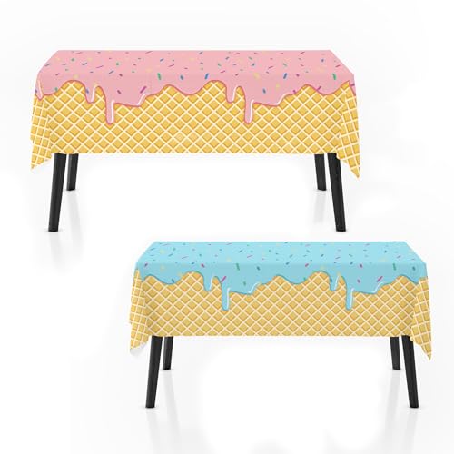 Zharkoo 2 Pack Ice Cream Tablecloth for Party Supplies 108x54 Inch Sweet Dessert Theme Disposable Plastic Table Cover for Birthday Summer Party Decor Table Supplies