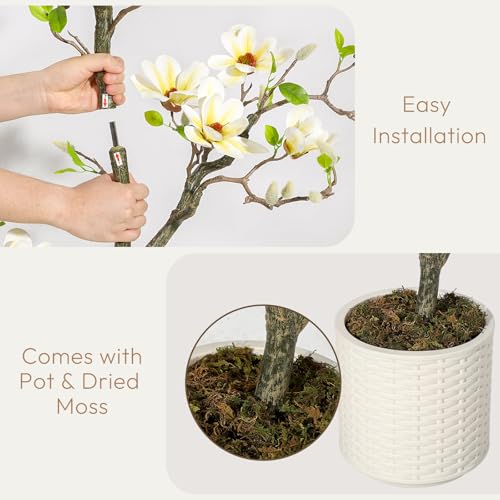 4FT Faux Magnolia Plant Artificial Flower Trees Fake Plants for Yard Patio Home Office Arrangement Decor Artificial Magnolia Tree Inc. 66 Realistic Flowers Vivid Leaves Mosses Lighting White Pot