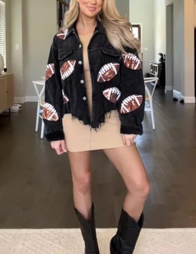 Xunger Women’s Football Corduroy Sequin Jacket Cropped Distresses Rugby Patched Shacket Coat2