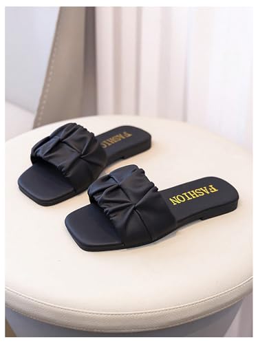 GORGLITTER Girl's Ruched Single Band Chic Flats Square Open Toe Pu Leather Slide Sandals2