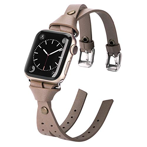 Minyee Leather Bands Compatible with Apple Watch 38mm for iWatch SE Womens Double Knotted Fasten 40mm Wristband Sleek Rose Gold Strap Unique Rivet Bracelet Series 6 5 4 3 2 1 (38mm/40mm, PkGY)