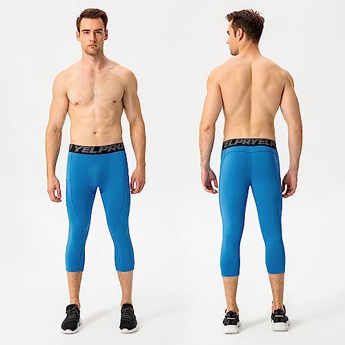 Yuerlian Men's Compression 3/4 Capri Shorts Baselayer Cool Dry Tights Leggings Sports Tights With Dual Pockets 1 Pack Blue #TOP3