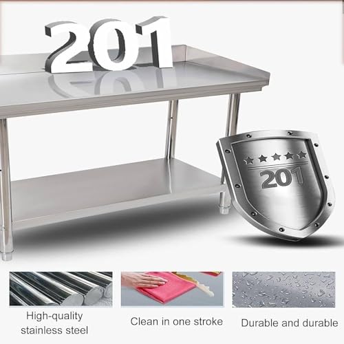 Tavolo da Lavoro Professionale in Acciaio Inox con Portata di 300 kg, banco da Lavoro Robusto con alzatina e ripiano Inferiore Regolabile per cucine, ristoranti e Servizi di Catering.