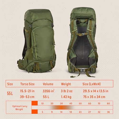 Image of Kelty Asher Backpack, Daypack to Multi-Day Backpacking Capacity, Hiking, Lightweight Travel Pack, Internal Frame (55L Winter Moss)