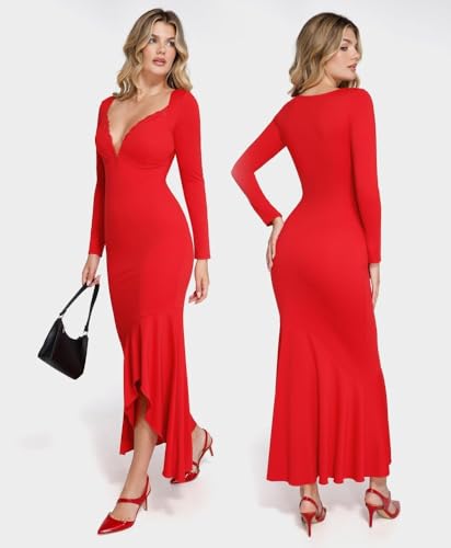 Image of Popilush Long Sleeve Cocktail Dress for Women Shapewear Tummy Control Party Dresses Deep V Neck Lace Mermaid Maxi Dress