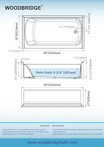 Image of WOODBRIDGE 60 inch x 32 inch Alcove Soaking Bathtub in white with Right-Hand Drain Hole - Tub Only (No Wall Panels)
