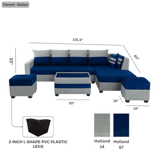 Image of FURNY Stylecon 8 Seater Fabric RHS L Shape Sofa Set with 1 Centre Table & 2 Ottoman (Blue-Light Grey) | Premium Velvet Finish | Durable Comfort | Ideal for Living Room