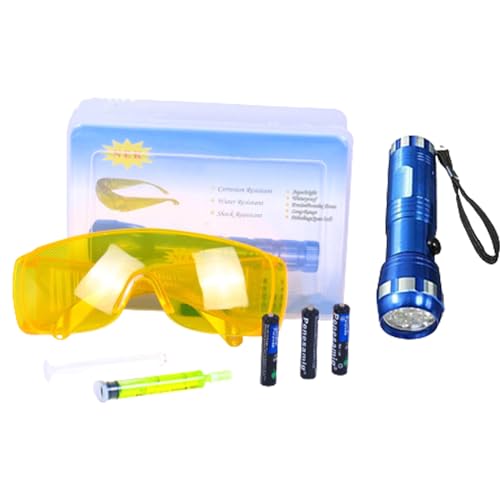 AC Leak Detector Kit Automotive, Auto Air Conditioner Flashlight Leak Detector Tool , Fluorescent Protective Glasses Air Conditioning Accurate Leak Detector Kit, UV Oil Dye Leak Detection Kit (L)