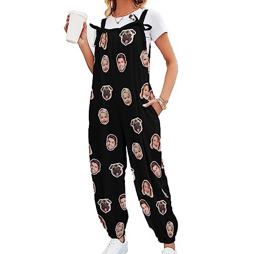Artsadd Custom Women’s Overalls Loose Fit for Women with Face Personalized Knot Strap Long Pants Black Jumpsuits with Pockets