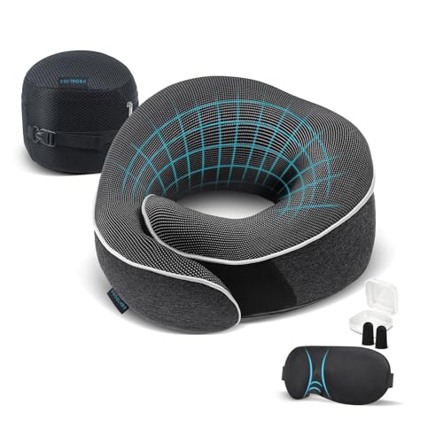 Proglobe Orthopedic Neck Pillow, Travel Neck Pillows for Airplanes, Memory Foam Kit, Updated Material, Airplane Travel Set with 3D Contoured Eye Masks, Earplugs, and Luxury Mesh Bag (Dark Grey) by Proglobe - Used condition - CA$20.06