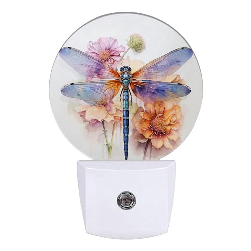 Image of Dragonfly Night Light Watercolor Floral Night Lights LED Lamp Round Plug into Wall Nightlight with Dusk to Dawn Sensor Home Hallway Stairway Kitchen Decor