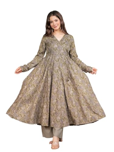 Image of Floral Foil Printed Cotton Anarkali Kurta With Palazzo Set V-Neck, Full Sleeve