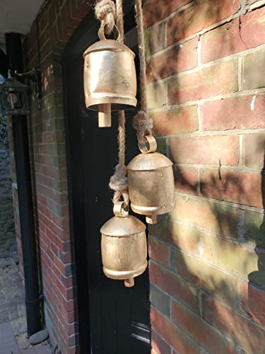 4 Large Rustic Cow Bells on Rope - Vintage Gold Bells for Fireplace Porch or Garden - Indoor Outdoor Decor - Image 4